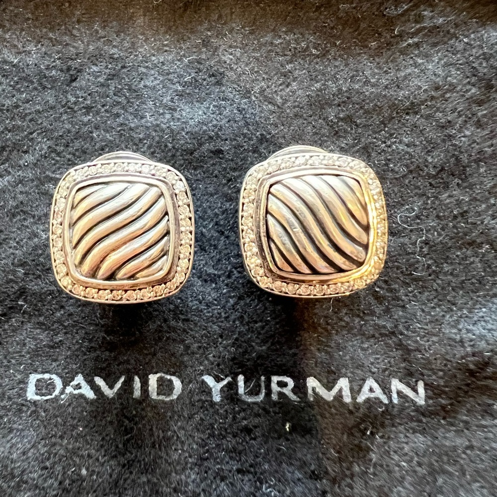 David Yurman Sterling Silver/Diamonds Square Albion Earrings. Preowned. Like New